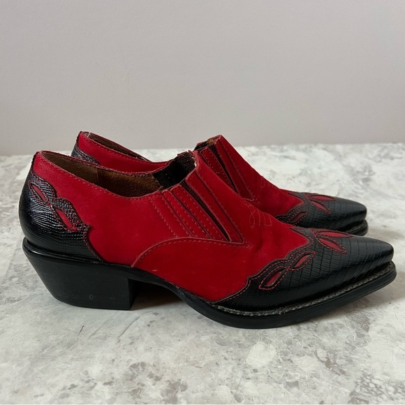 Vintage Nine West Western Boho Red Leather Suede Ankle Boots 7.5 Booties Twee - Picture 5 of 8